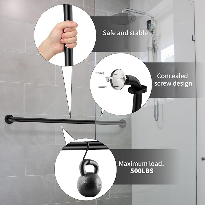 ZUEXT 42 Inch Extra Long Matte Black Stainless Steel Shower Grab Bar | Wall Mounted Shower Handle Grab Bars, Support Rail for Bathtub Shower Toilet, Seniors Elderly Handicap Safety, 1.25" Diameter