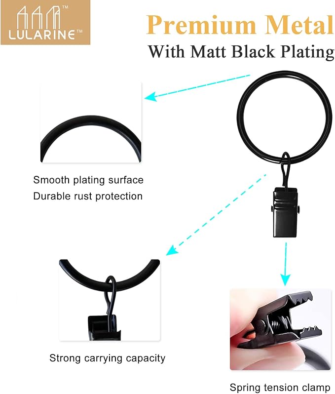 84 Pack Curtain Rod Clip Rings,1" Interior Diameter(Compatible with up to 5/8" Curtain Rod),Metal Drapery Ring with Clips,Strong Decorative Drapery Window Ring with Hooks,Rustproof Vintage(Black)
