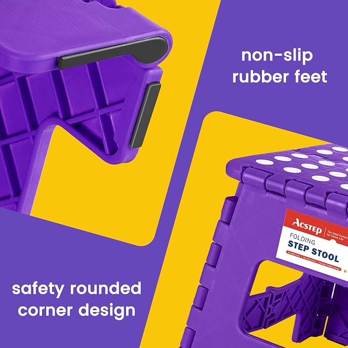Folding Step Stool 9 Inch, Non-Slip Foldable Stools for Kids, Purple | Heavy Duty Collapsible Foot Stool, Lightweight, Holds 300lb for Toddler/Adults Kitchen Bathroom Bedroom Outdoor, with Handle