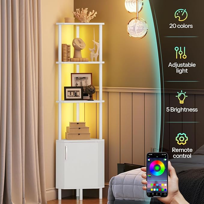 HOOBRO Corner Cabinet with LED Light, Corner Shelf Stand with Storage and Doors, 5-Tier Industrial Corner Bookshelf, 59” Tall Display Rack Shelf, for Living Room, Kitchen, White WT147DCJ01
