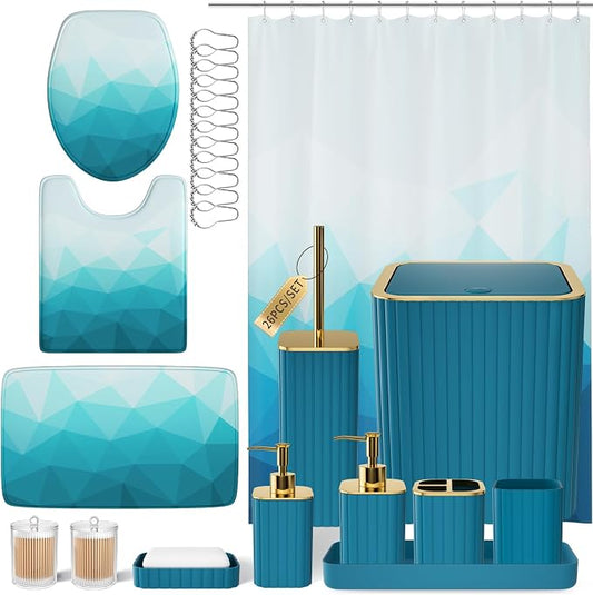 XLHOMO Bathroom Accessory Set - 26PC Bathroom Shower Curtain and Rug Set, Bathroom Accessories Set, Teal Bathroom Set with Trash Can, Toilet Brush, Qtip Holder & Soap Dispenser