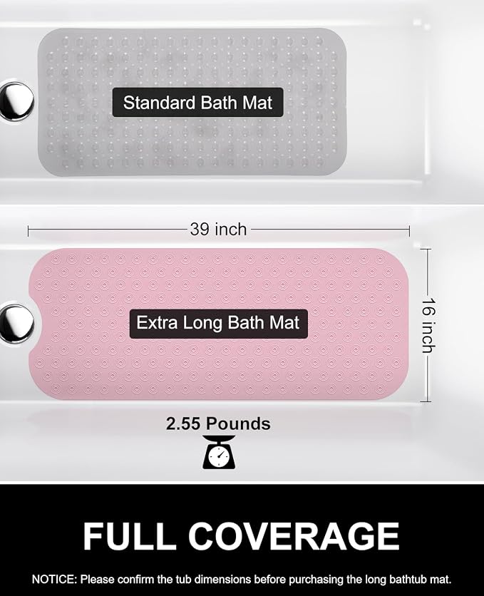 OTHWAY Bathtub Mat Non Slip, 39X16 inch Bath Mat for Tub, Machine Washable Bath Tub Mats with Reverse Suction Cups, Comfortable Rubber Bathtub Mat for Bathroom (Pink)