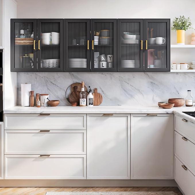 Furnaza Set of 3 Black Kitchen Wall Storage Cabinet with Adjustable Shelf | Upper LED Wall Cabinets with Acrylic Glass Doors for Bathroom,Garage,Laundry Room,72"W x 12"D x 22"H