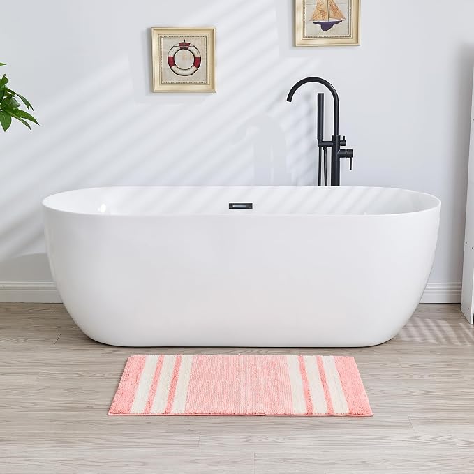CozeCube Blossom Pink Striped 36"x24" Non Slip Washable Bath Mat | For Bathroom, Fluffy Absorbent Microfiber Bath Mats Machine Wash, Stylish Large Aesthetic Bathroom Rugs