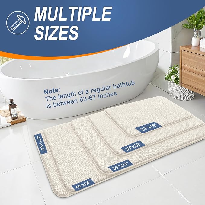 OLANLY Memory Foam Bathroom Runner Rugs 70x24, Absorbent Long Mat, Ivory | Soft Quick Dry Bath Rugs, Non-Slip Carpet, Machine Washable Mat for Bathroom Floor, Tub and Shower, Home Decor Accessories