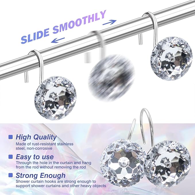 TOAOB 12pcs Round Curtain Hooks Rings Stainless Steel Rhinestone Decorative Rust Proof Shower Rod Hangers Decorative Shower Curtain Hooks for Bathroom Curtain Accessories