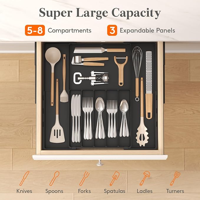 Lifewit Expandable Silverware Drawer Organizer, Utensil Tray for Kitchen | BPA Free Flatware and Cutlery Holder, Adjustable Plastic Storage for Spoons Forks Knives, 12-20.5 x 11.3-19.4 x 1.7", Black