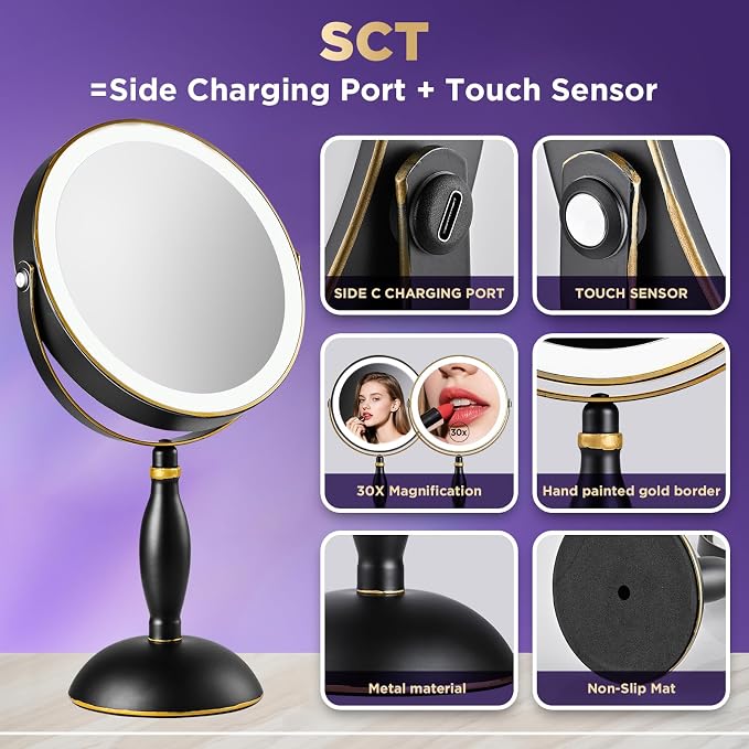 30x Magnifying Mirror with Light, Matte Black with Gold Trim | Makeup Mirror with 3 Color Light & Brightness Adjustable, 5000mAh Rechargeable Vanity Mirror, Modern Style Side Touch+Charge