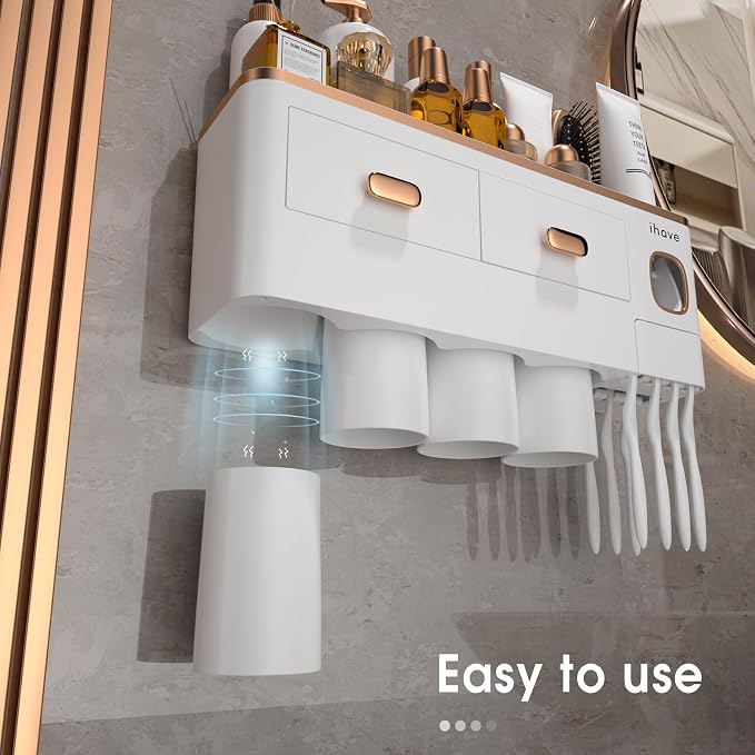 iHave Toothbrush Holders Bathrooms Wall Mount Toothpaste Dispenser & 4 Cups | Elegant White & Gold Bathroom Decor: 4 Cups, 7 Slots, Toothpaste Dispenser, Tray & Drawer Wall Mount Toothbrush Organizer