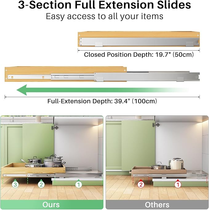 Pull Out Cabinet Organizer, Soft Close Wooden Slide Out Drawers for Pots and Pans, Full-extension Roll Out Shelves for Kitchen Cabinets, Pantry Organization, Bottom & Side Mount(26"W X 21"D x 3.4''H)