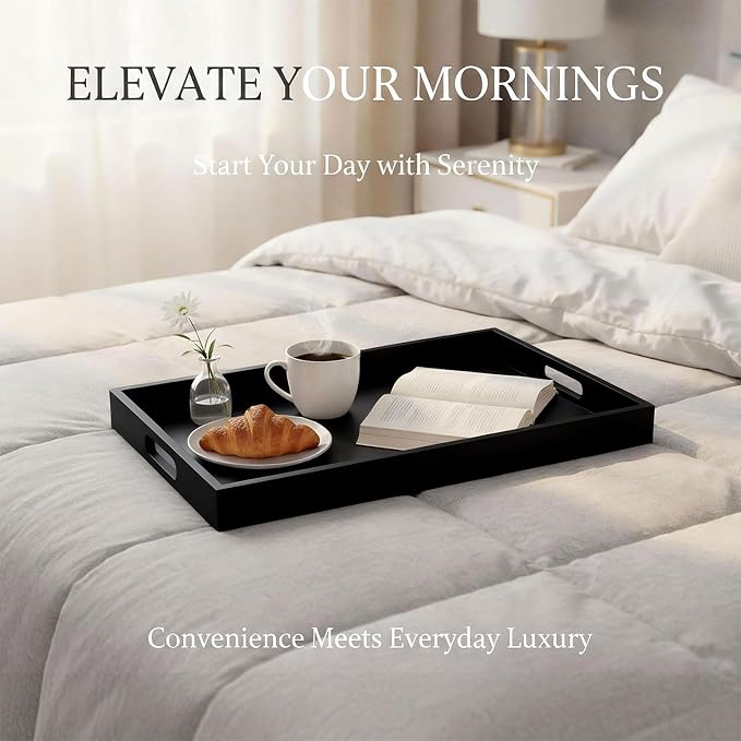 Krismax Wooden Serving Tray with Handles, Serving Platter 15.7x11.4 Inch Food Drinks Tray for Coffee Table,Decorative Storage Tray for Entertaining, Breakfast Tray in Bed,Lunch,Dinner,BBQ(Black)
