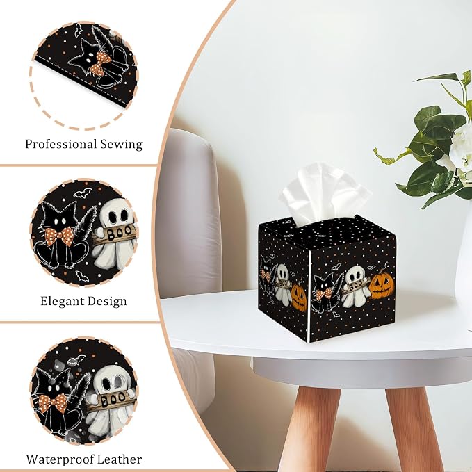 Halloween Black Cat Tissue Box Cover Square, Halloween Desk Decor Cube Tissue Box Holder, Autumn Tabletop Decor Leather Facial Paper Organizer Dispenser for Bathroom Home Night Stand Living Room/26