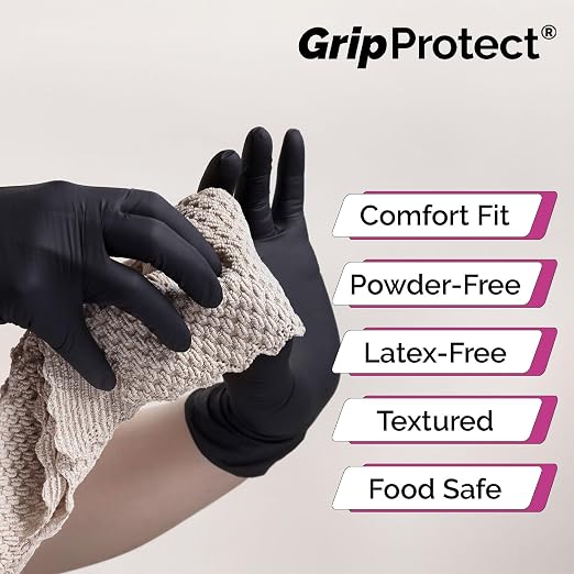 GripProtect Precise Black Nitrile Gloves 4 Mil, Chemical Resistant Gloves | XLarge Textured Grip for Mechanics, Tattoos, Food Prep & Cleaning – Medical Grade Disposable Gloves, 50 Count