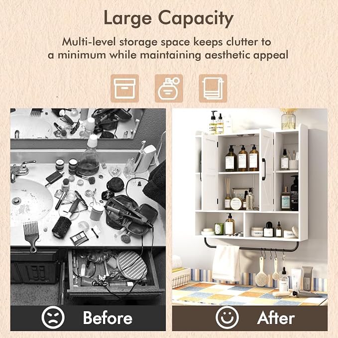 RUSTOWN Rustic Bathroom Wall Storage Cabinet with 2 Barn Doors, White | Farmhouse Medicine Cabinet, Wall Mounted, Space Saving, 3-Tier Adjustable Shelves, Towel Bar, 5 Hooks