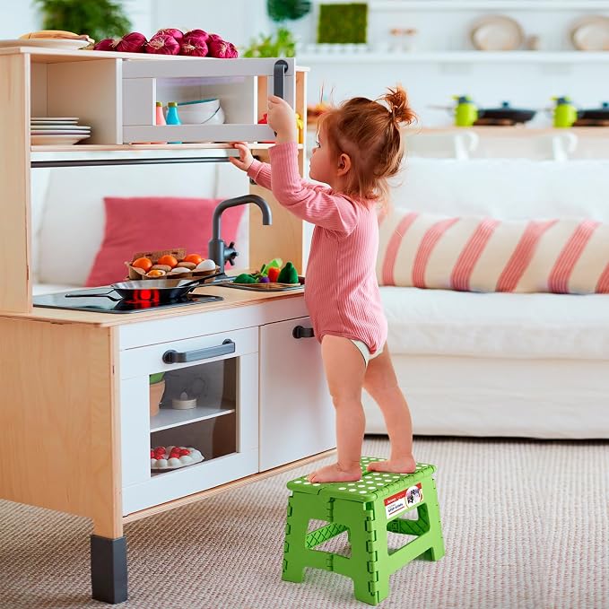 Folding Step Stool 9 Inch for Kids and Adults, 300 lbs, Green | Lightweight Plastic Small Foldable Step Stool with Handle, Non-Slip, for Kitchen, Bathroom, Bedroom and Closet