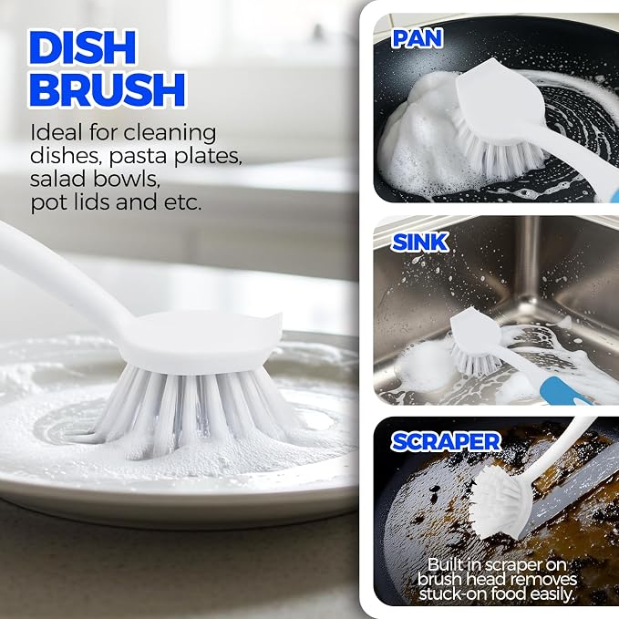 Holikme 6 Pack Dish Brush Set with Bottle Brush, Dish Scrub Brush,Blue | Pan Brush and 3 Straw Brushes, Deep Cleaning Handle Brush with Scraper Tip for Kitchen Sink Dishes Bottle Cup Pot and Pans