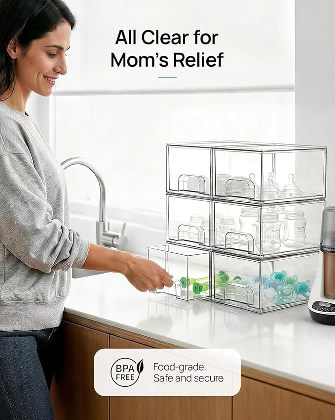 Vtopmart 4 Pack Small Clear Stackable Storage Drawers for Desk, Countertop | Bathroom Makeup Accessories Organizer, Plastic Bins For Desk, Vanity, Undersink, Medicine Cabinet ,Home Organization