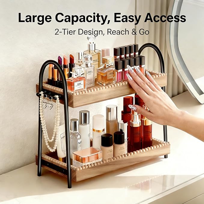 Bathroom Vanity Organizer Countertop 2-Tier Waterproof 20+ Bottles 8 Hooks | Tall space large perfume/skincare bottles, vanity/bathroom/dresser, paulownia wood, hooks keep jewelry neat, non-slip base