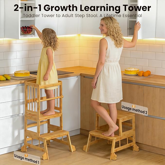 HBTower Toddler Standing Tower, Kids Kitchen Step Stool with Safety Rails | Stable Toddler Learning Tower for Kitchen Counter with Anti-Slip Feet, Hold Up to 450 LBS, Natural Bamboo & Easy to Clean