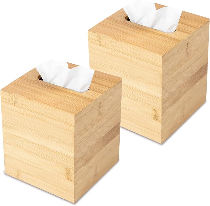 Design Tissue Box Holder - Modern, Minimalist, Durable Wooden Box with Sliding Bottom, Easy-Refill - Premium-Quality Bamboo Cover, Square, Pack of 2