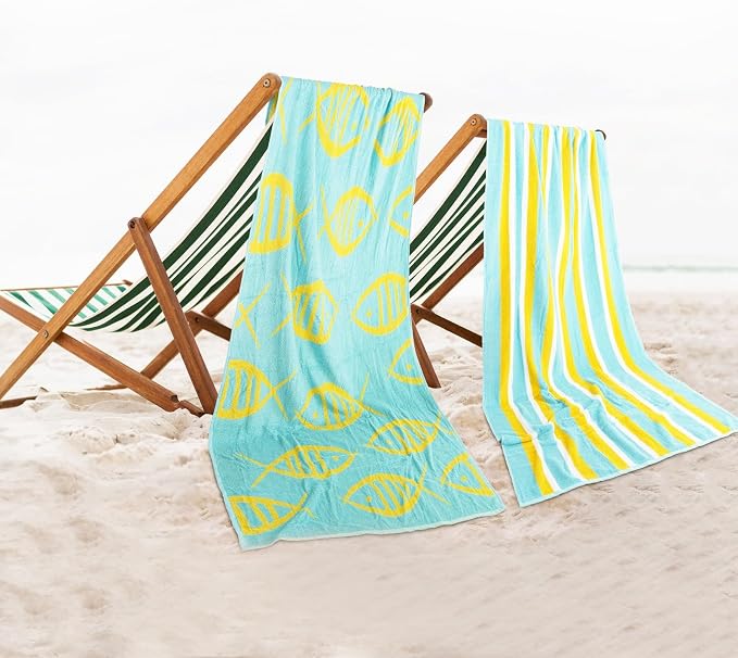 CASA COPENHAGEN Miami Towel 2Pcs Fish Cyan - Teal Stripe Designer Stripe Beach Towels Gift Set, 30"x60" Oversized 100% Cotton Pool Bath Towel for Beach Gift Set (Summer Gift Set for Women & Men)