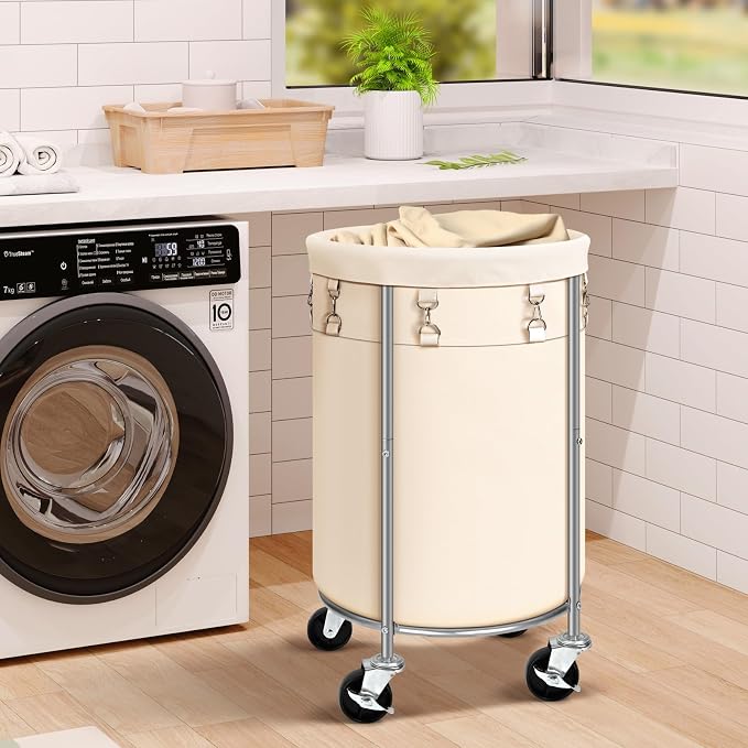 100L Round Rolling Laundry Hamper Basket with Wheels, Beige | Laundry Sorter Cart with Removable Bag, Clothes Organizer, Metal Frame, Bedroom, Bathroom, Laundry Room, Dorm Use
