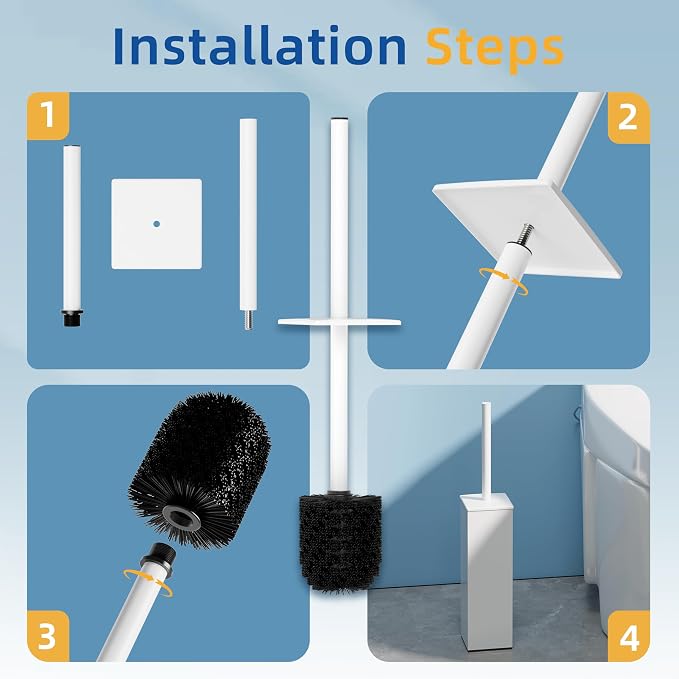 RUACQ Toilet Brush and Holder Set, Square, White, 2 Pack | SUS304 Stainless Steel Handle, Toilet Cleaner Brush with Durable Scrubbing Bristles, Splash-Proof