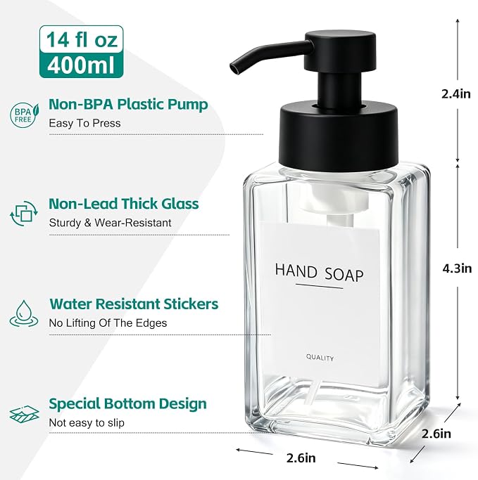 Foaming Soap Dispenser, 12oz/350ml Glass Foaming Hand Soap Dispenser Set, 3Pcs Refillable Foam Soap Dispenser With Foaming Pump, Labels, Square Foam Soap Hand Dispenser For Bathroom, Kitchen