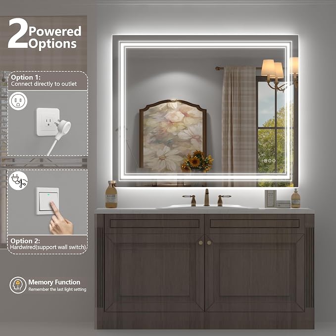 48x36 Led Lighed Bathroom Mirror for Wall, Large Dimmable Vanity Mirror with Lights, Anti-Fog, Shatterproof, Memory， ETL Listed (Backlit and Front Lighted) | Dimmable Vanity Mirror with Lights for Wall, Backlit and Front lit, Anti-Fog, Shatter-Poof, ET...