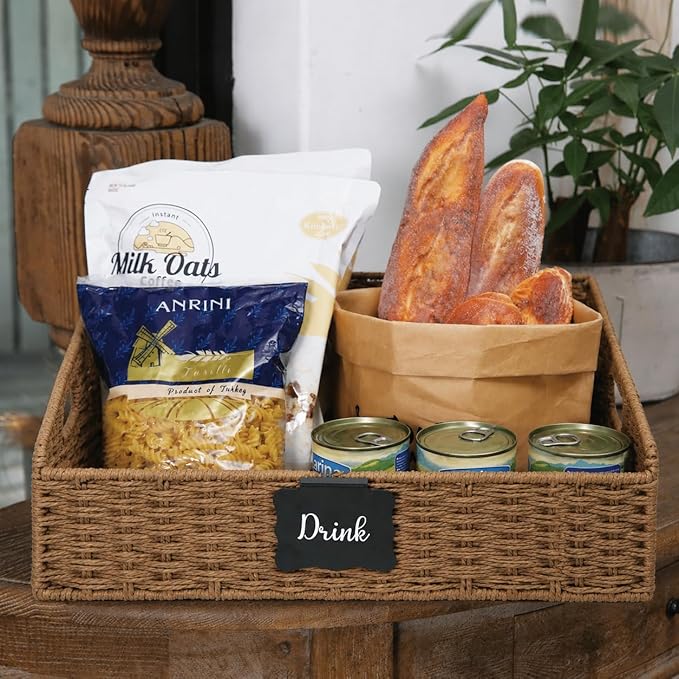 Wicker Baskets for Organizing, Pantry Baskets with Built-in Handles, Handwoven Large Storage Basket - Paper Storage Bins for Shelves, 3 Pack, Brown - 2 Set