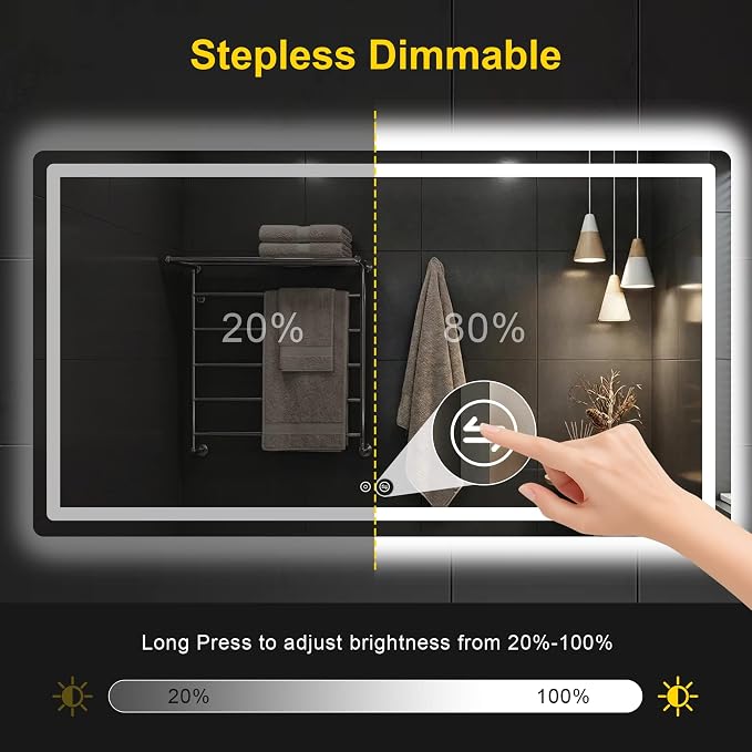 LED Bathroom Mirror with Lights, 30"x50" Lighted Vanity Mirror for Wall | Anti-Fog, Dimmable 3 Color Light, Backlit+Frontlit, Shatterproof Tempered Glass, Memory Function