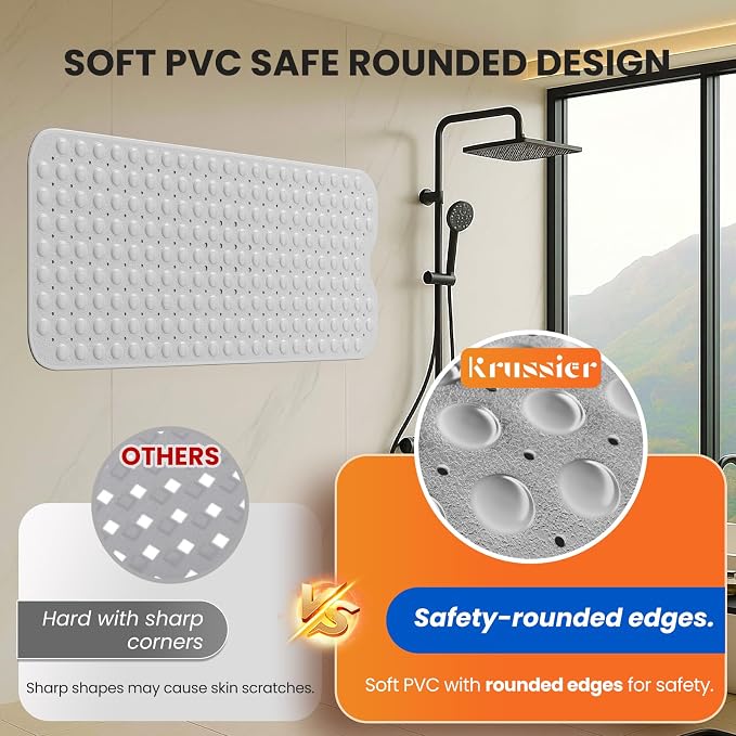 Non-Slip Bath Tub Mat, 39x16 Inch Extra Large Shower Mat with Drain Holes & Suction Cups, Machine Washable, White