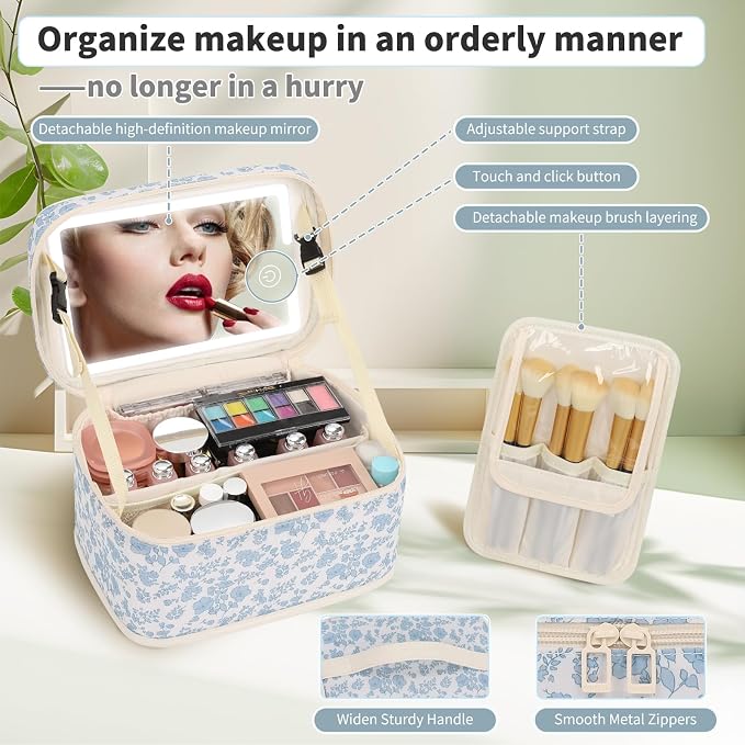 Makeup Bag With LED Mirror, Travel Makeup Bag With 3 Color Setting Light Up Mirror Cosmetic Organizer Vanity Case for Women Beauty Tools Accessories Rechargeable Makeup Travel Bag-Black