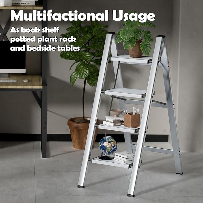 Taranta 4 Step Stool Foldable,Aluminum Step Ladder-Sliver | Lightweight,Wide Anti-Slip Pedals,Folding Step Stool,330lbs Capacity Stepladder for Household,Kitchen,Office