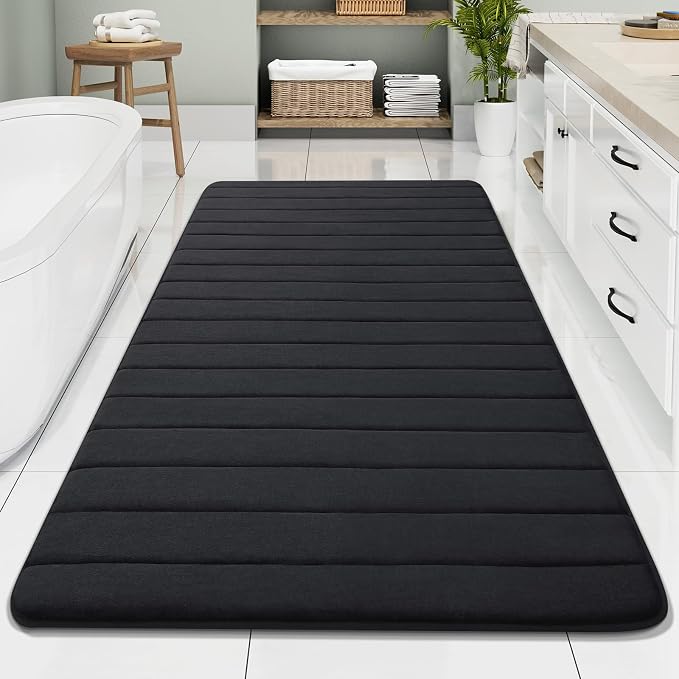 Buganda Memory Foam Bath Mat 70 x 34, Ultra Soft Absorbent Bathroom Rugs | Black, Machine Washable Quick Dry Bath Mats for Bathroom Floor, Shower and Tub, Home Decor Accessories