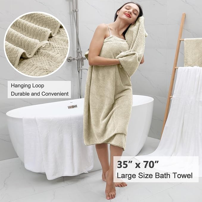 8 Pcs Camel Oversized Bath Towel Set-2 Extra Large Bath Sheets,2 Hand Towels,4 Washcloths Soft Bathroom Towels Highly Absorbent Quick Dry Beach Chair Towels Woven Towels for Hotel and Spa