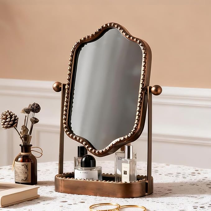 Vintage Makeup Mirror with Tray, 360° Rotatable Antique Table Vanity Mirror with Stand, Metal Retro Desktop Dressing Mirror for Home Decor, Countertop, Bedroom, Bathroom, Living Room