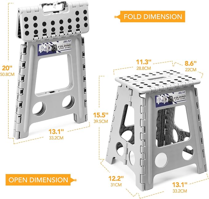 Delxo 16 Inch Folding Step Stool,Foldable Step Stool for Adults Grey | Step Stool with Safety Lock,Portable Collapsible Step Stool,Non-slip Folding Stools for Kitchen Bathroom Bedroom Garden 1PC