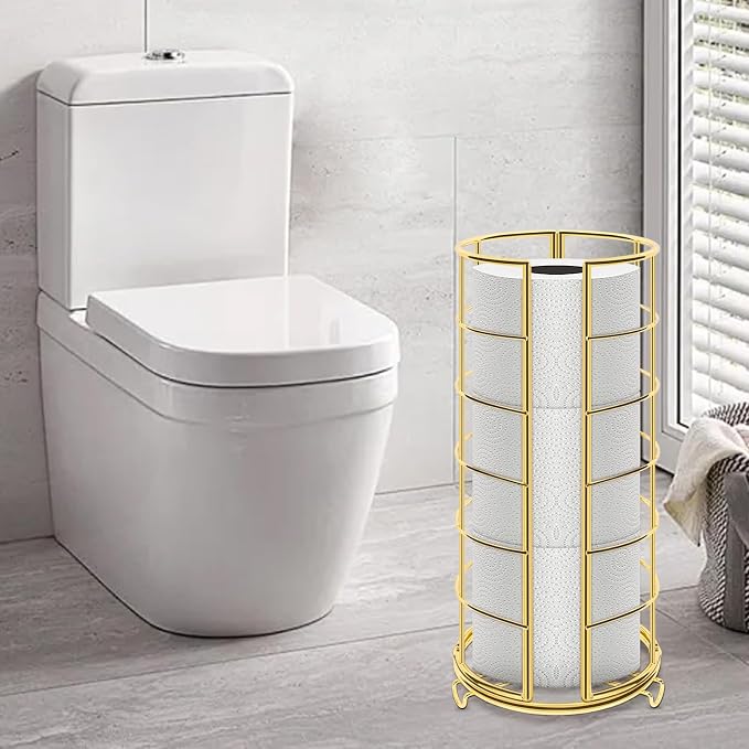 NearMoon Toilet Paper Organizer Stand, Free Standing 3 Rolls Tissue Storage, Metal Bathroom Accessory, Rustproof Toilet Roll Holder for Kitchen Countertop Inside Cabinet Shelf(Metal Base, Gold)