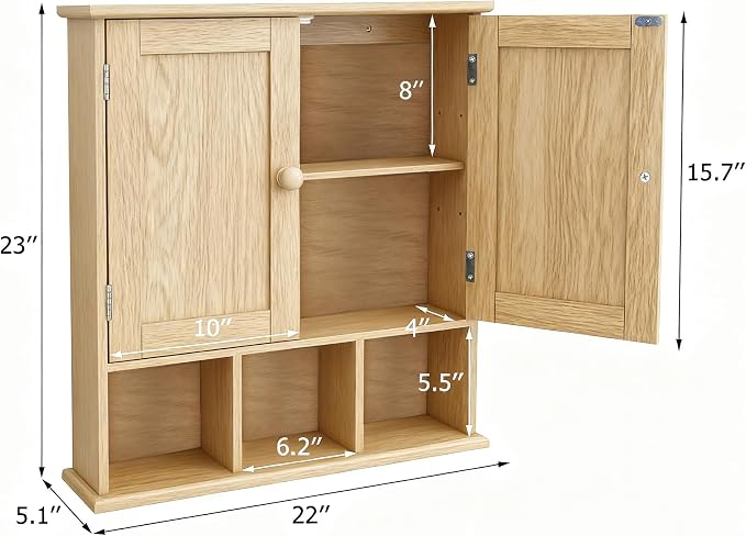TaoHFE Natural Wooden Color Bathroom Wall Cabinet with 2 Door | Adjustable Shelves Over The Toilet Storage Wall Mounted Medicine Cabinets for Bathroom Laundry Room Kitchen