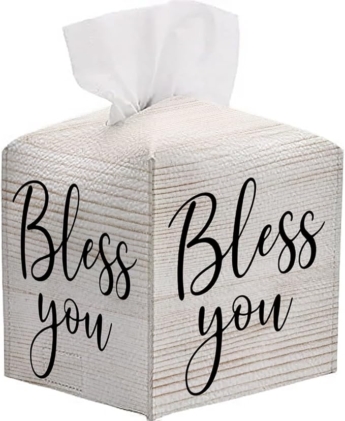 Tissue Box Cover Holder Square - Vintage Boho PU Leather Decorative Organizer, Ethnic Carpet Pattern Design Inspired, with Bottom Belt for Bathroom Car Office Tabletop Home, 5x5 Inch (Beige-bless you)
