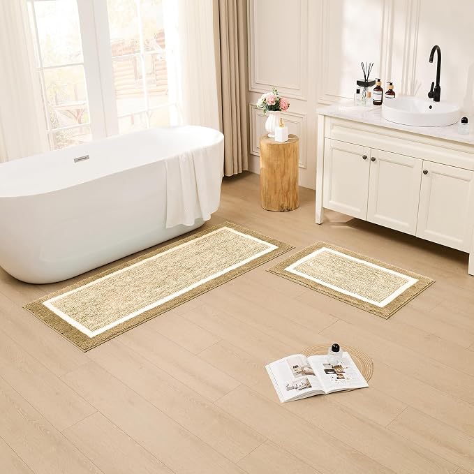 CozeCube Beige Bath Runner 59"x24" Non Slip Washable Rug | For Bathroom Non Slip, Fluffy Absorbent Microfiber Bath Mats Machine Wash, Stylish Long Aesthetic Bathroom Rugs