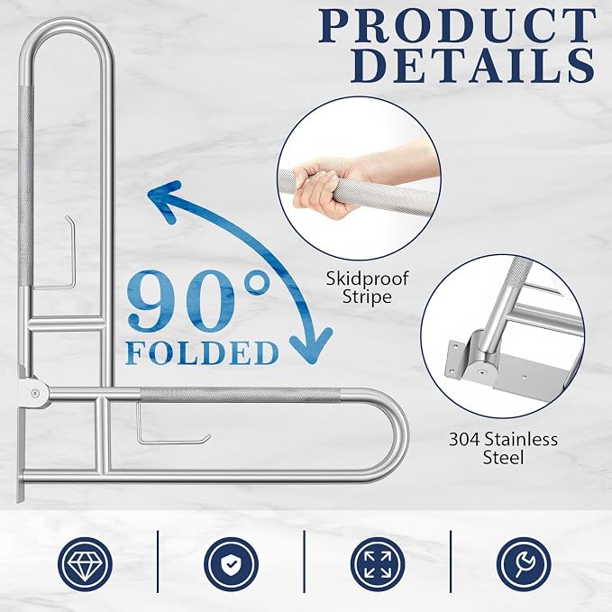 Zonon 2 Pack 30.3 Inch Handicap Grab Bars, Flip up Stainless Steel Toilet Safety Rails, Anti Slip with Paper Holder, Extra Long Bathroom Support Rail for Elderly Disabled Pregnant (Classic)