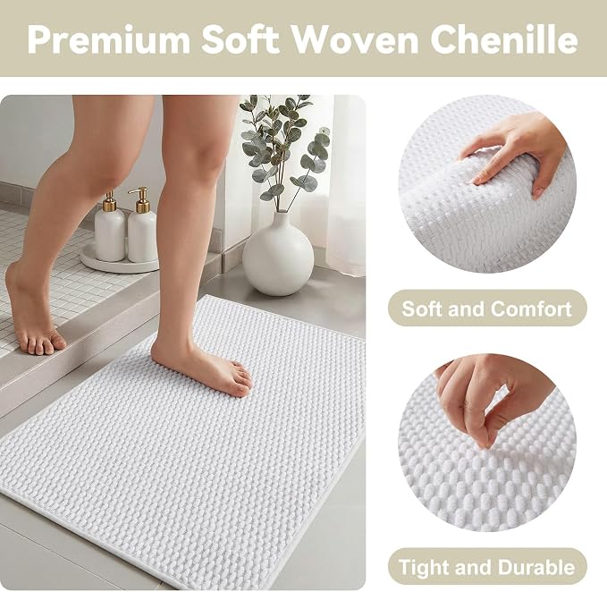 Triohero Bathroom Rugs Non Slip Washable, Super Absorbent Thin Bath Mat Quick Dry Low Pile Bathroom Rug, White 24"x47"