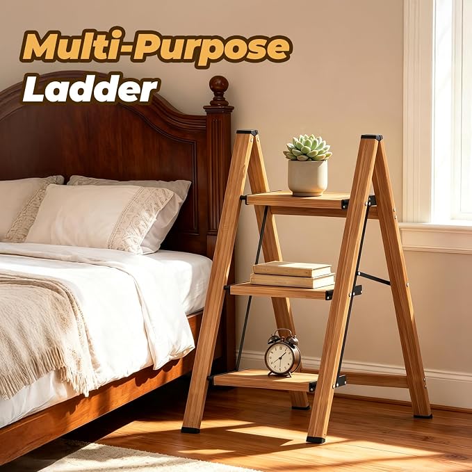 HBTower 3 Step Ladder, Lightweight Aluminum Folding Step Stool | Anti-Slip Wide Pedal, 330lbs Capacity Step Ladder for Household Kitchen Office, Woodgrain