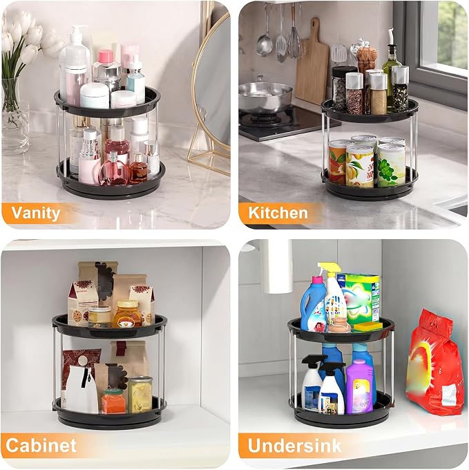 360 Rotating Makeup Organizer for Vanity, 2 Tier Cologne Organizer for Men, Skincare & Perfume Holder for Bathroom Counter, Dresser, Shelf, Cabinet, Black