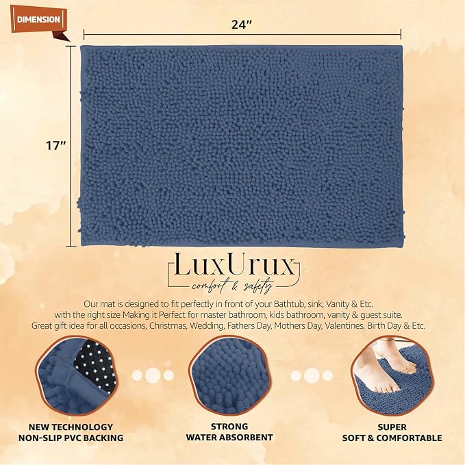 LuxUrux Bath Mat, Extra-Soft Plush Non-Slip Bathroom Rug, Luxury Chenille Microfiber Material, Super Absorbent Shaggy Bath Rug. Machine Wash & Dry (17 x 24 inches, Medium Blue)