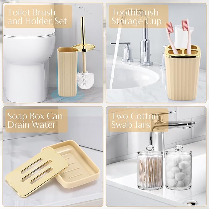 17PCS Bathroom Accessories Set, Beige Bathroom Set Bathroom Accessories Set with Trash Can, Toilet Brush, Toothbrush Holder, Qtip Holder & 3PCS Soap Dispenser