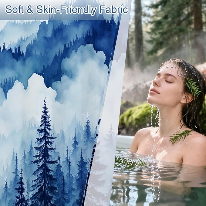 Litabel Navy Blue Misty Pine Forest Shower Curtain, Mountain Foggy Woodland Scenery Tree Shower Curtains for Chic Rustic Bathroom, Abstract Modern Waterproof Nature-Themed Decor, 72x72 Inches