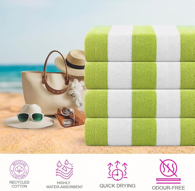 CASA COPENHAGEN Cabana Towel 4Pcs Lime Green Designer Stripe Beach Towels Gift Set, 30"x60" Oversized 100% Cotton Pool Bath Towel for Beach Gift Set (Perfect Summer Gift Set for Women & Men)